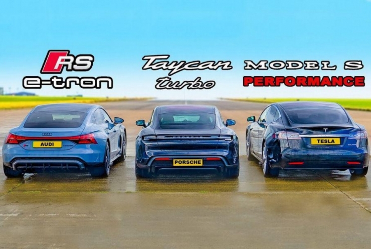 ნახეთ სუპერ-ელექტრომობილების დრეგ-რბოლა : Audi e-tron GT  vs Porsche Taycan vsTesla Model S